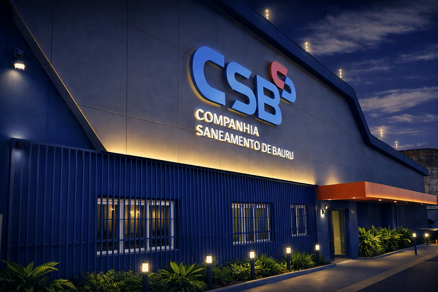 Fachada da sede da CSB – Companhia Saneamento de Bauru iluminada à noite
