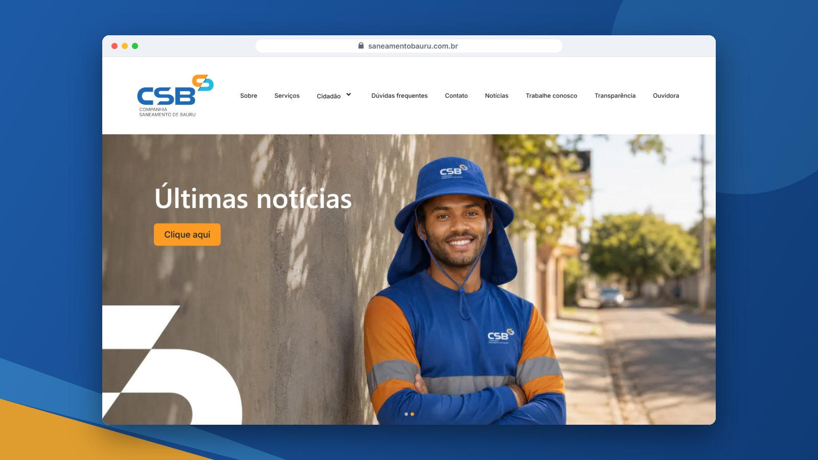 Mockup da página inicial do site oficial da CSB – Companhia Saneamento de Bauru, saneamentobauru.com.br, exibida em uma janela de navegador